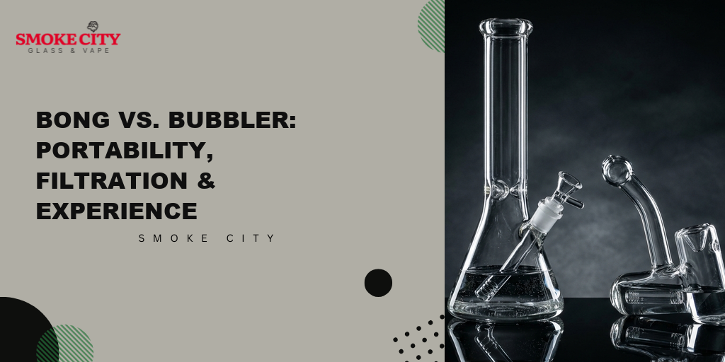 Side-by-side comparison of a tall clear borosilicate bong and a compact glass bubbler