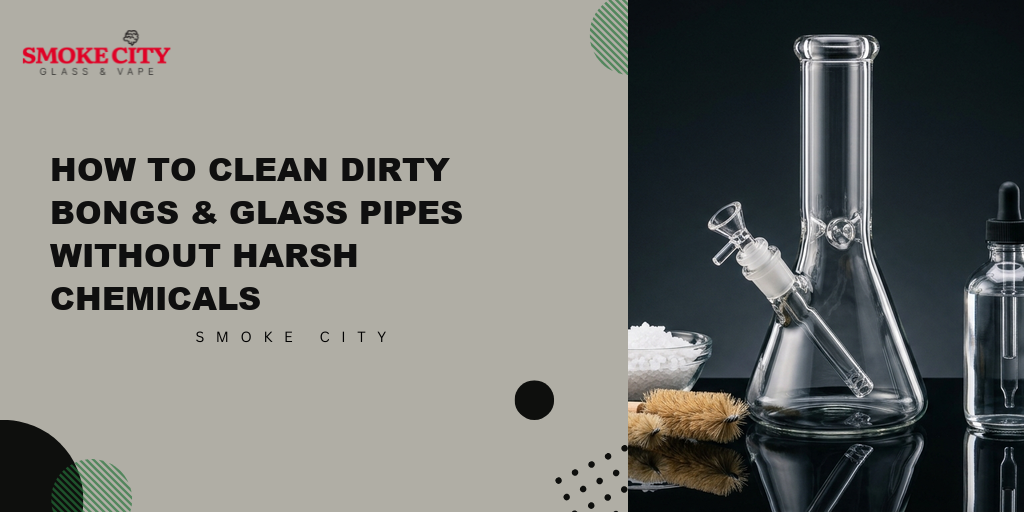 Clean borosilicate glass beaker bong with coarse sea salt and cleaning brushes