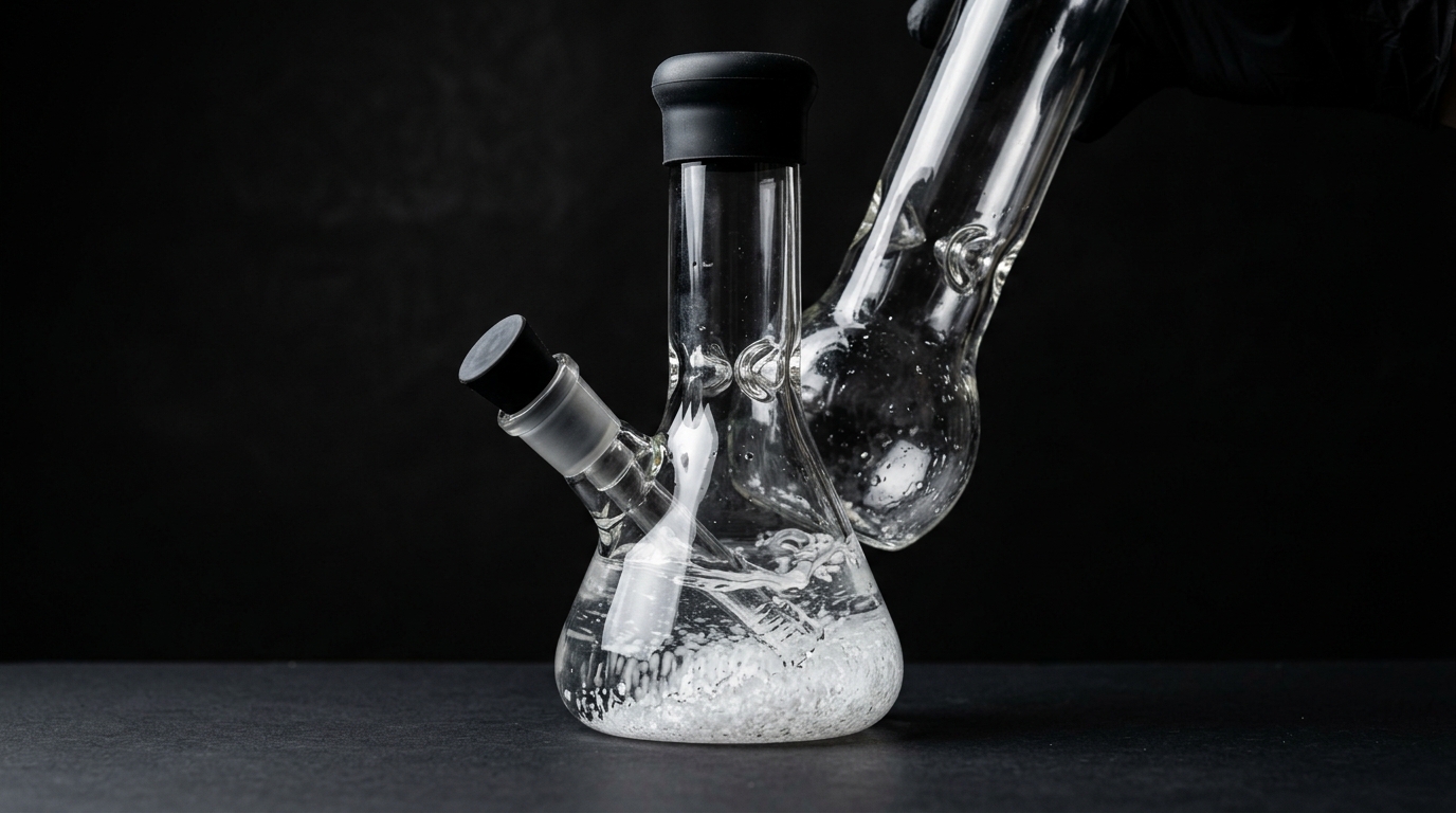 Close-up of black silicone cleaning caps sealing a clear glass water pipe filled with salt and solution