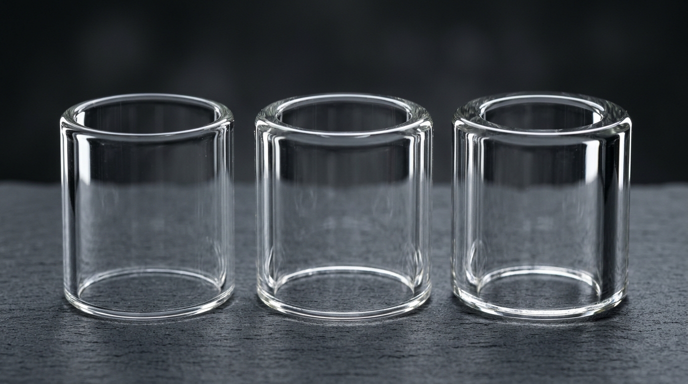 Macro comparison of 5mm, 7mm, and 9mm borosilicate glass cylinder rims side by side