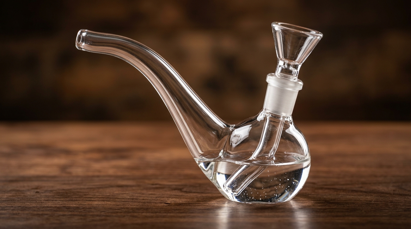 Close-up of a clear borosilicate glass sherlock bubbler sitting on a walnut tabletop